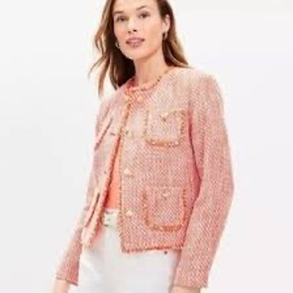 LOFT Orange Tweed Jacket Blazer Women’s Large Fringe Trim Button Front Career